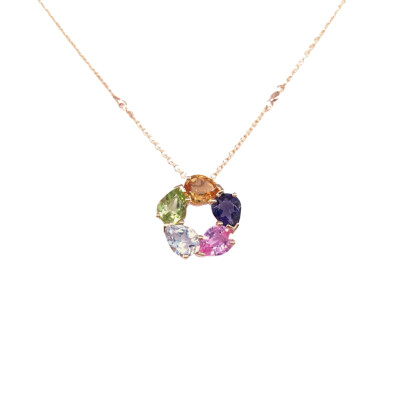 Collier en or rose, topaze bleue traitée, cordiérite, saphir orange, péridot, saphir rose et diamants