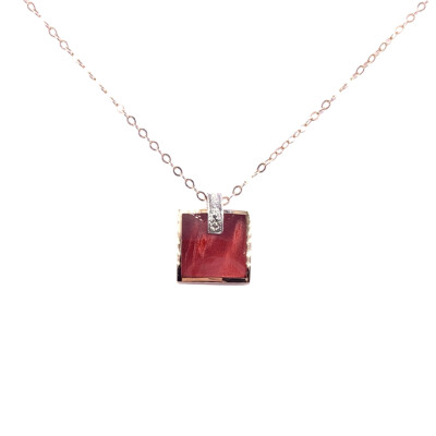 Collier en or rose, diamants et résine nacrée rouge coquelicot