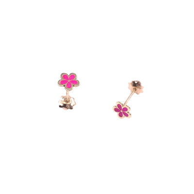 Boucles d'oreilles en or jaune, motif fleur laque rose, fermoir système vis
