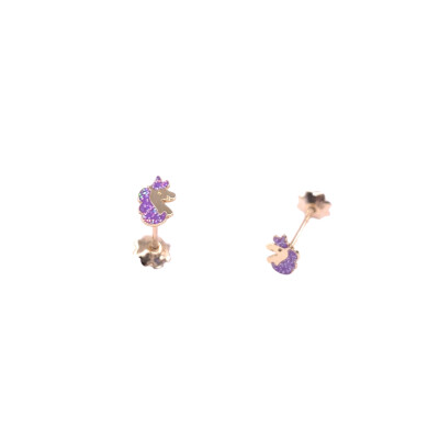Boucles d'oreilles en or jaune, motif licorne laque pailleté violette, fermoir sysètme vis