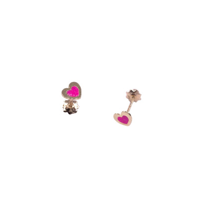 Boucles d'oreilles en or jaune, motif cœur laque rose, fermoir système vis