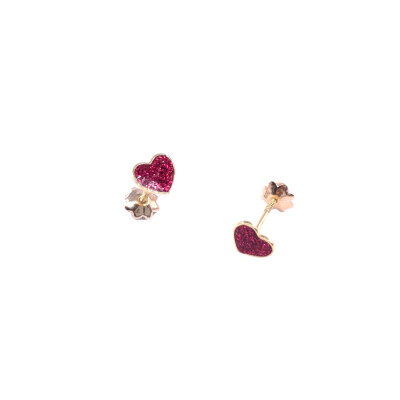 Boucles d'oreilles en or jaune, motif cœur laque rouge, fermoir système vis