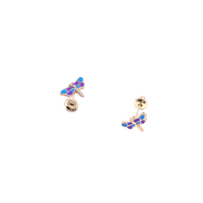 Boucles d'oreilles en or jaune, motif libellule laque bleue et violette, fermoir système cloche