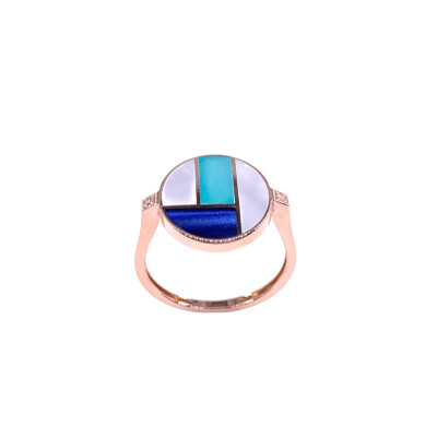 Bague en or rose, diamants et résine nacrée turquoise, blanche et bleue
