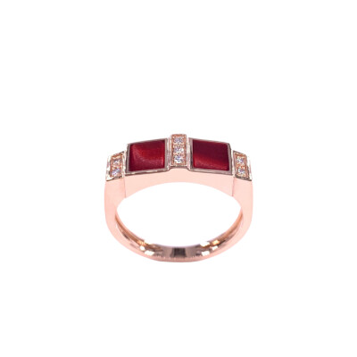 Bague en or rose, diamants et résine nacrée rouge coquelicot