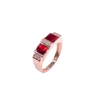 Bague en or rose, diamants et résine nacrée rouge coquelicot