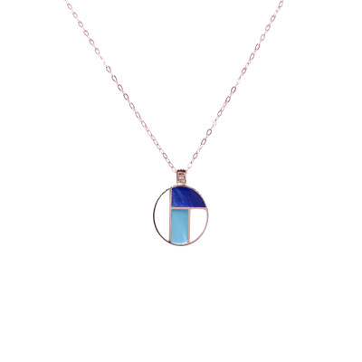 Collier en or rose, diamant et résine nacrée turquoise, blanche et bleue