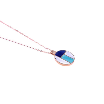 Collier en or rose, diamant et résine nacrée turquoise, blanche et bleue