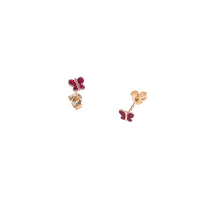 Boucles d'oreilles en or jaune, motif papillon laque rouge