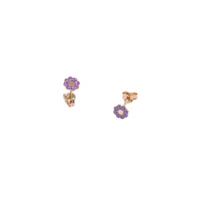 Boucles d'oreilles en or jaune, motif fleur laque violette