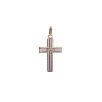 Pendentif Croix en or jaune, bicolore 20x12 mm, avec diamant