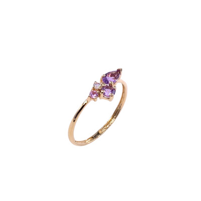 Bague en or jaune, améthyste, rhodolite et saphir rose