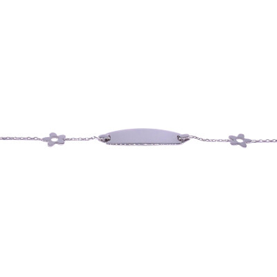 Bracelet identité en or blanc, plaque tonneau, avec motif fleur