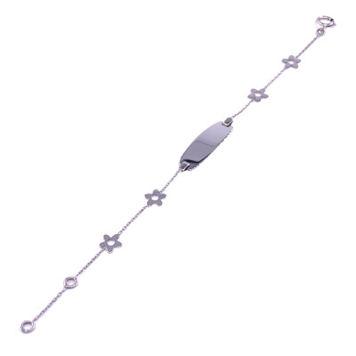Bracelet identité en or blanc, plaque tonneau, avec motif fleur