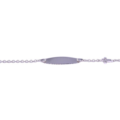 Bracelet identité en or blanc, plaque tonneau avec motif croix serti d'un diamant