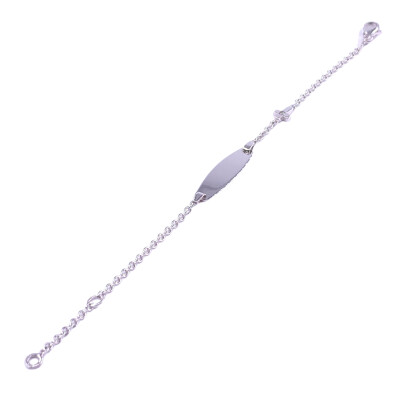 Bracelet identité en or blanc, plaque tonneau avec motif croix serti d'un diamant