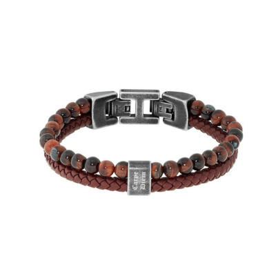 Bracelet en acier vintage, cuir tressé rouge et œil de taureau