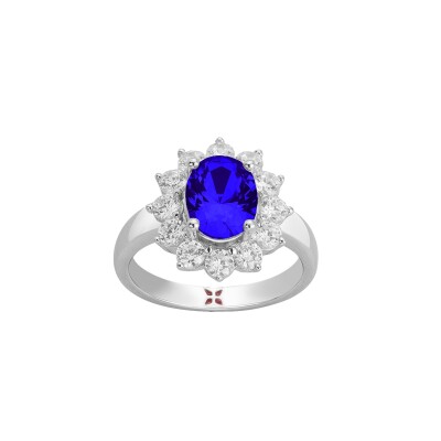 Bague Griffe Rouge en argent, oxyde de couleur bleue et oxydes de zirconium
