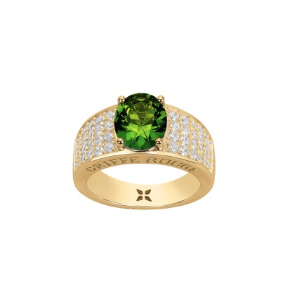 Bague Griffe Rouge en plaqué or, oxydes de couleur vert et oxyde de zirconium