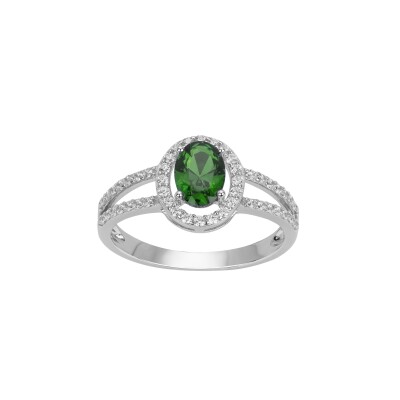 Bague en argent, oxyde coloré vert et oxyde de zirconium