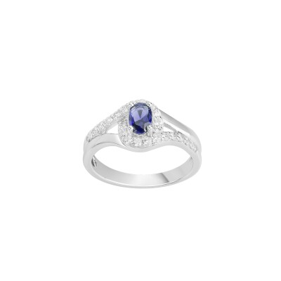 Bague en argent, oxyde coloré bleue et oxyde de zirconium,