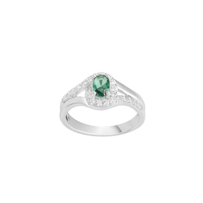 Bague en argent, oxyde coloré vert et oxyde de zirconium