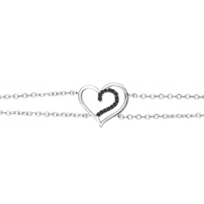 Bracelet en argent et oxydes de zirconium noirs, motif coeur