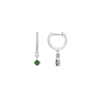 Boucles d'oreilles en argent, oxydes de zirconium et oxyde coloré vert