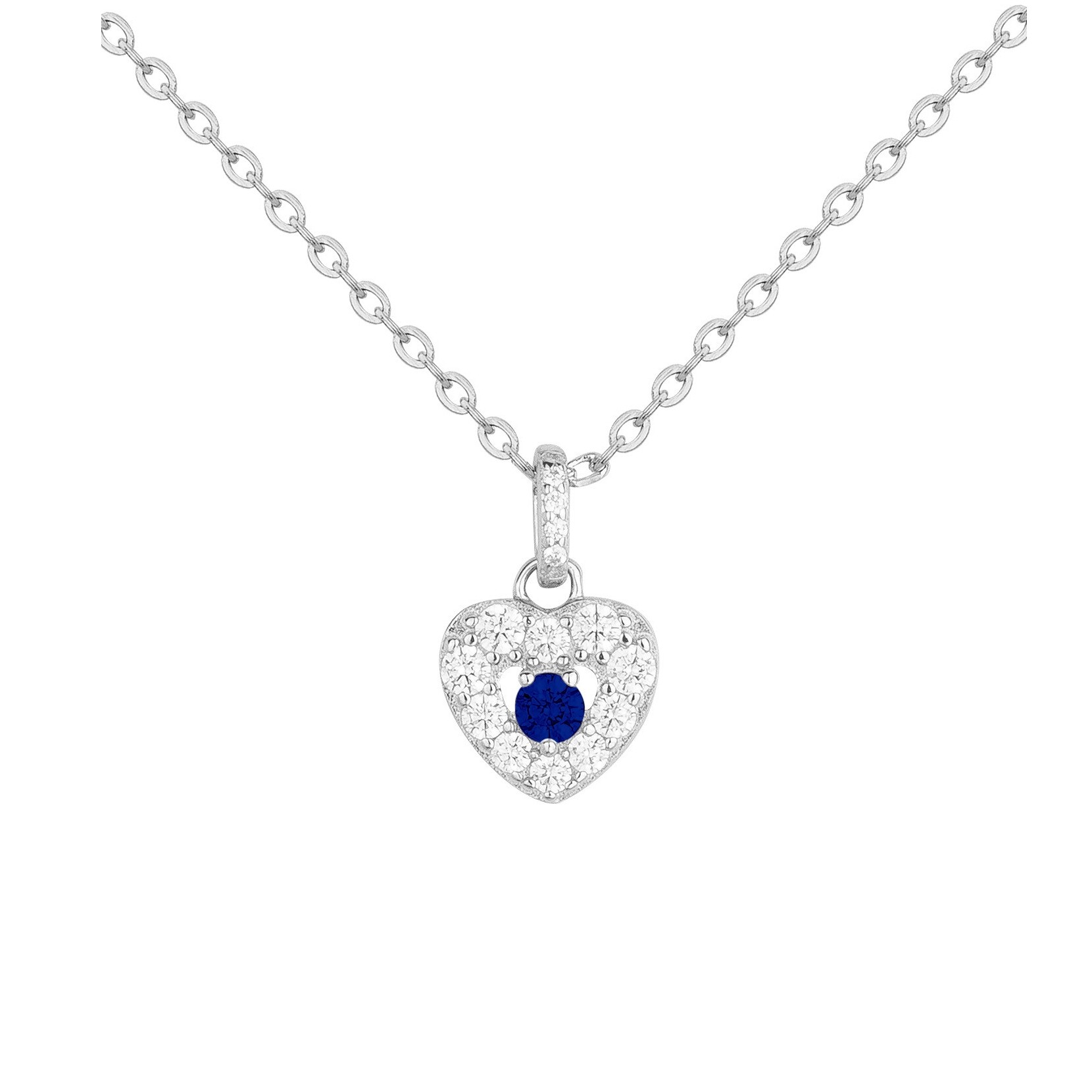 Collier en argent, oxyde coloré bleu et oxyde de zirconium, motif cœur