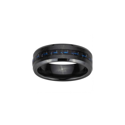 Bague en acier pvd noir et insert carbone fil bleu
