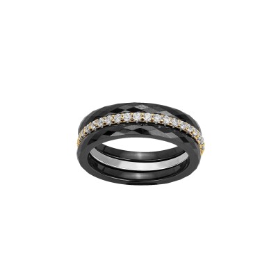 Bague en plaqué or, céramique noire et oxydes de zirconium