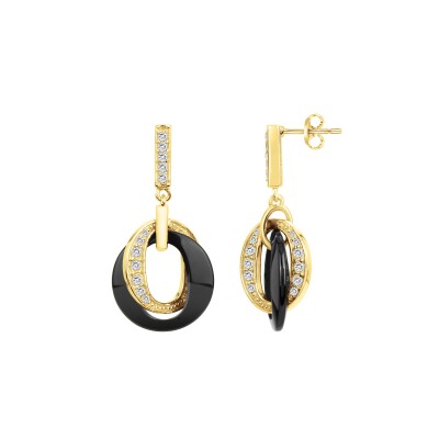 Boucles d'oreilles en plaqué or, céramique noire et oxydes de zirconium
