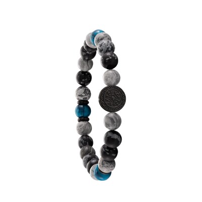 Bracelet en acier noir, œil de faucon et pierre flocon de neige