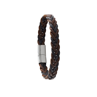 Bracelet en acier, cuir brun et bleu