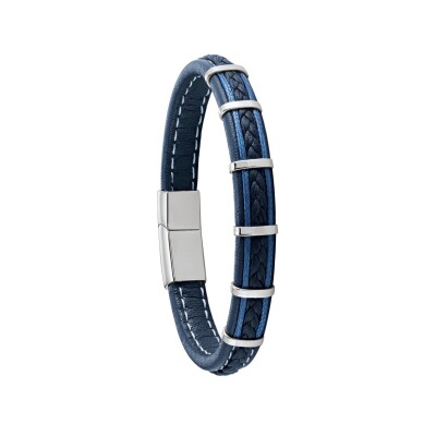 Bracelet en acier et cuir bleu