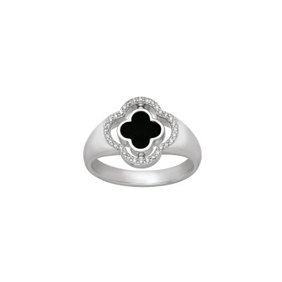 Bague Charles Garnier en argent, oxydes de zirconium et agate noire & nacre réversible