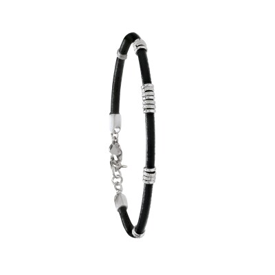 Bracelet en acier et cuir noir