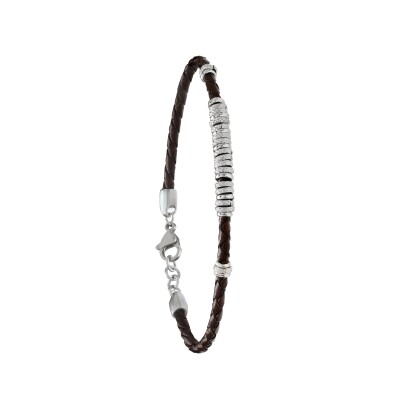 Bracelet en acier et cuir brun
