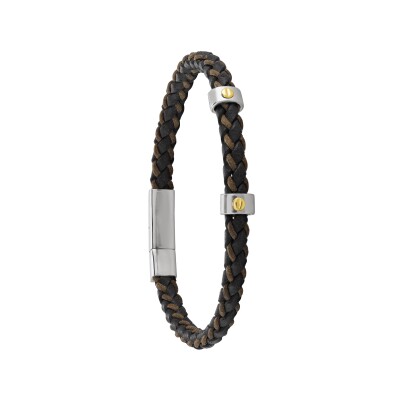 Bracelet en acier, cuir noir et brun et vis en or jaune