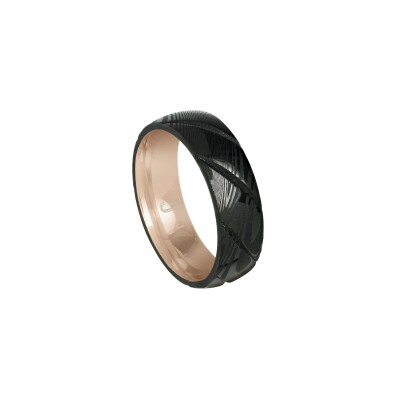 Bague damassée en acier bicolore noir et rose