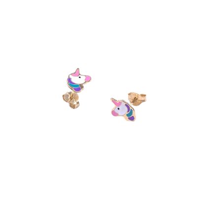 Boucles d'oreilles en or jaune motif licorne, fermoir poussette