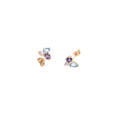 Boucles d'oreilles en or jaune, iolite, tanzanite et oxyde de zirconium