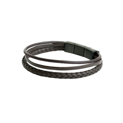 Bracelet triple en cuir marron et fermoir acier pvd noir