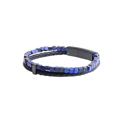Bracelet double en cuir noir, "œil de tigre bleu" et fermoir en acier pvd noir