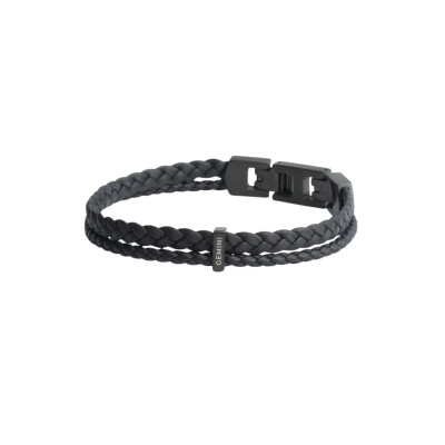 Bracelet double en cuir noir et fermoir acier pvd noir