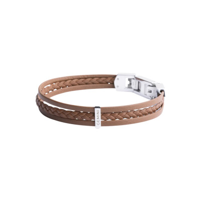 Bracelet triple en cuir marron clair et fermoir acier