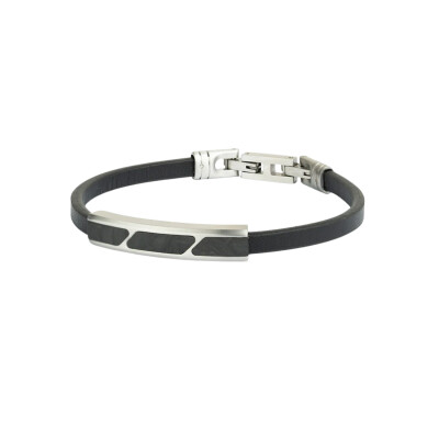 Bracelet en acier, cuir noir et insert en carbone forgé