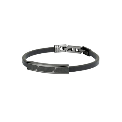 Bracelet en acier pdv noir, cuir noir et insert en carbone forgé
