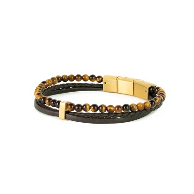 Bracelet double en cuir marron, œil de tigre et fermoir en acier plaqué or jaune