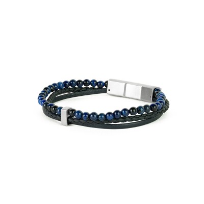 Bracelet triple en cuir noir, "œil de tigre bleu" et fermoir en acier